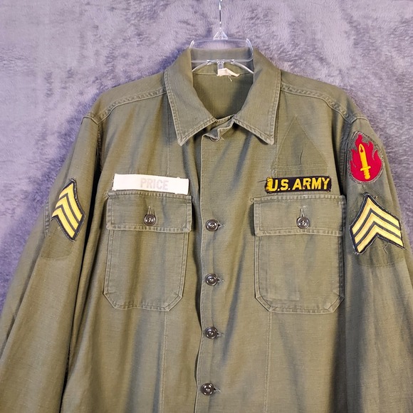 Vintage 60s US Army Trooper Fatigue Vietnam Field Cotton Utility Shirt Medium - Picture 2 of 16
